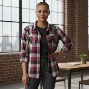 Harley Davidson Plaid Button-Up Shirt with Embellishments